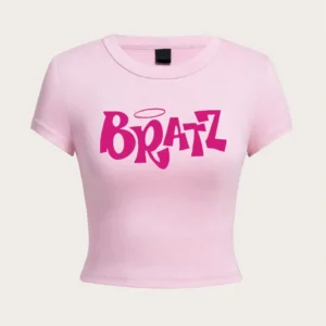 personality womens crop t shirt y2k pink bratz letter